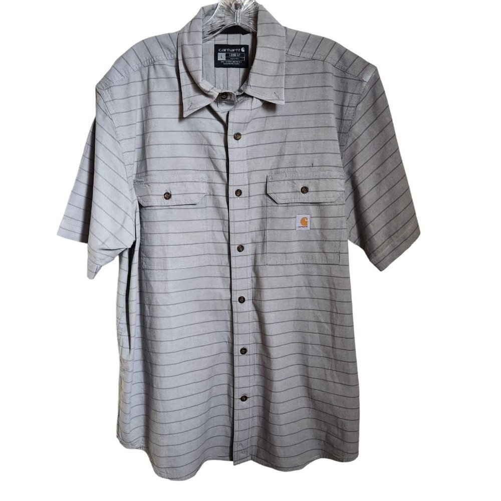 Carhartt Shirt Mens sz L Loose Gray Striped Outdoors Camping Casual